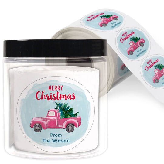 Red Truck Round Holiday Gift Stickers in a Jar